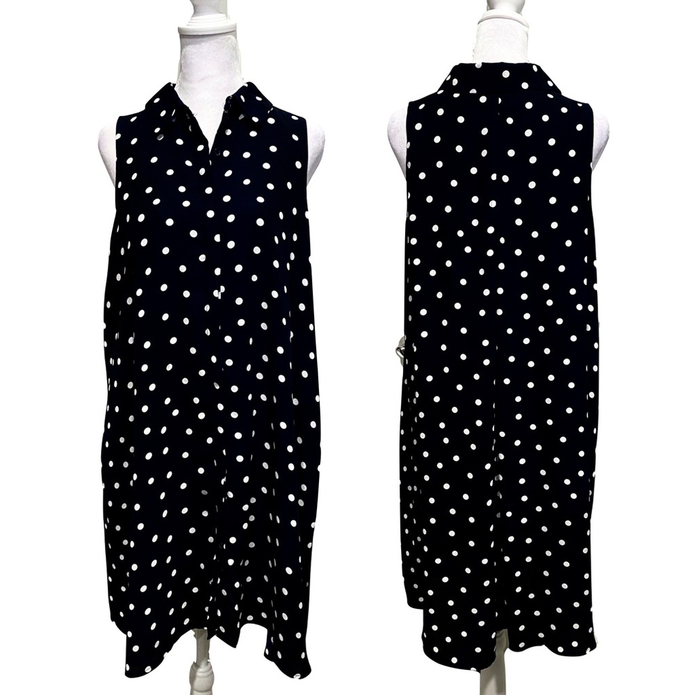 Adrianna Papell Navy Blue & White Polka Dot Polo Collar Midi Sundress Size 8